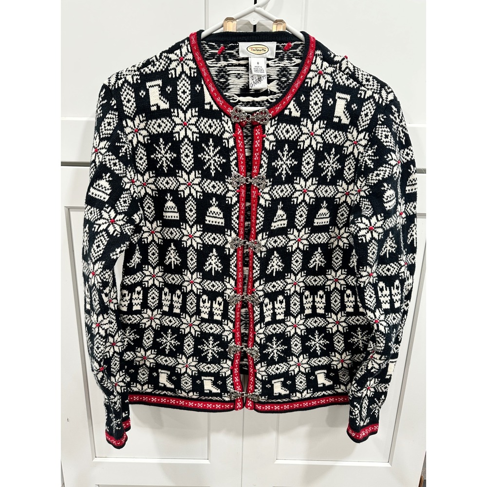 Talbots Womens Fair Isle Christmas Holiday Cardigan Sweater Black Red Small